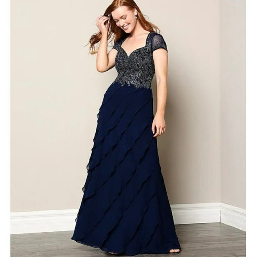 Xscape Embroidered Cap Sleeve Sweetheart Neckline Tiered Gown in Navy/Silver - Picture 2 of 14